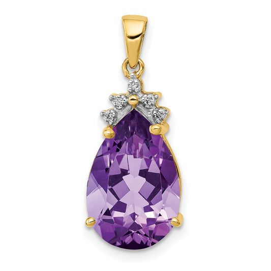 14K Yellow Gold Pear 3.55 Amethyst & Real Diamond Pendant