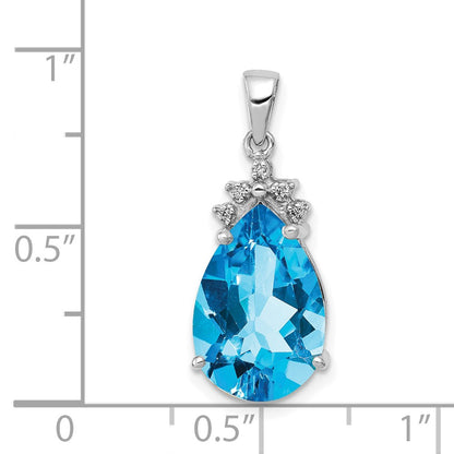 14k White Gold Pear Blue Topaz & Real Diamond Pendant