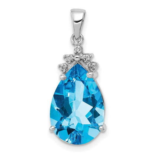 14k White Gold Pear Blue Topaz & Real Diamond Pendant