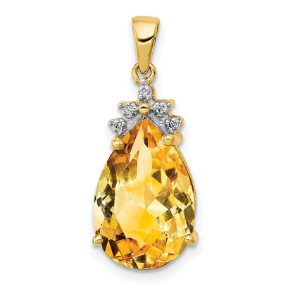 14K Yellow Gold Pear Citrine & Real Diamond Pendant