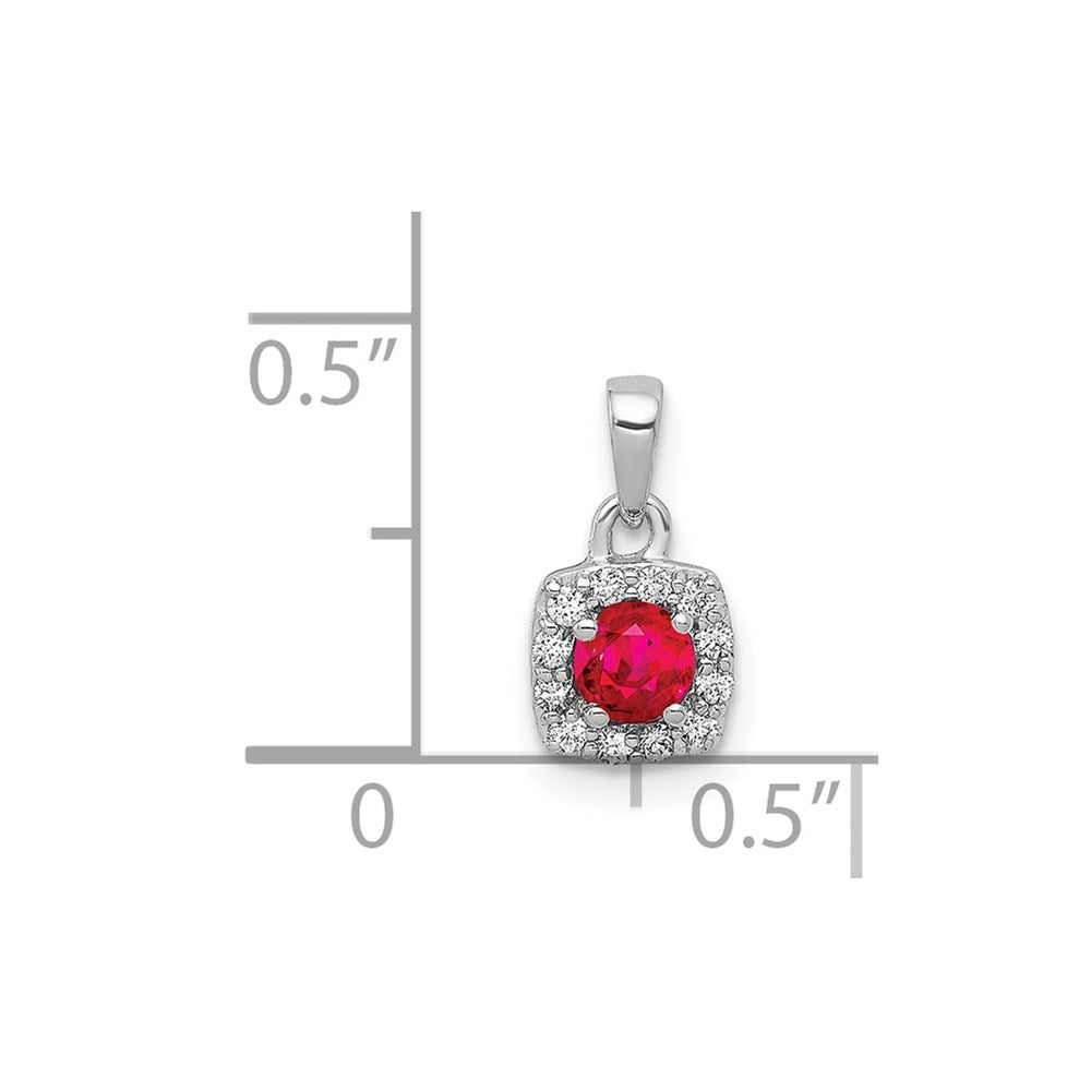 14k White Gold Real Diamond and .20 Ruby Square Halo Pendant