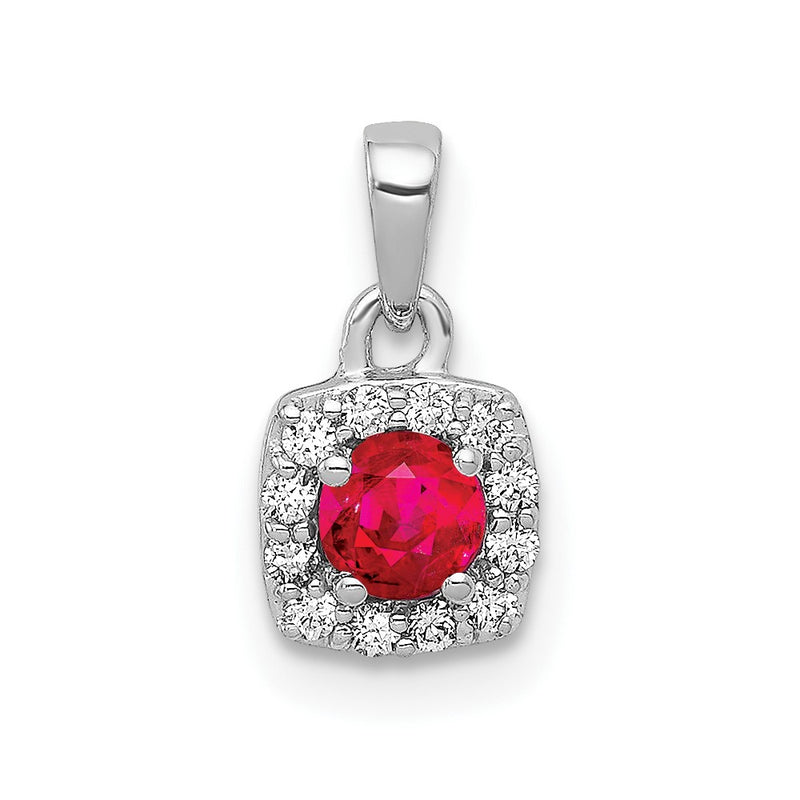 14k White Gold Real Diamond and .20 Ruby Square Halo Pendant
