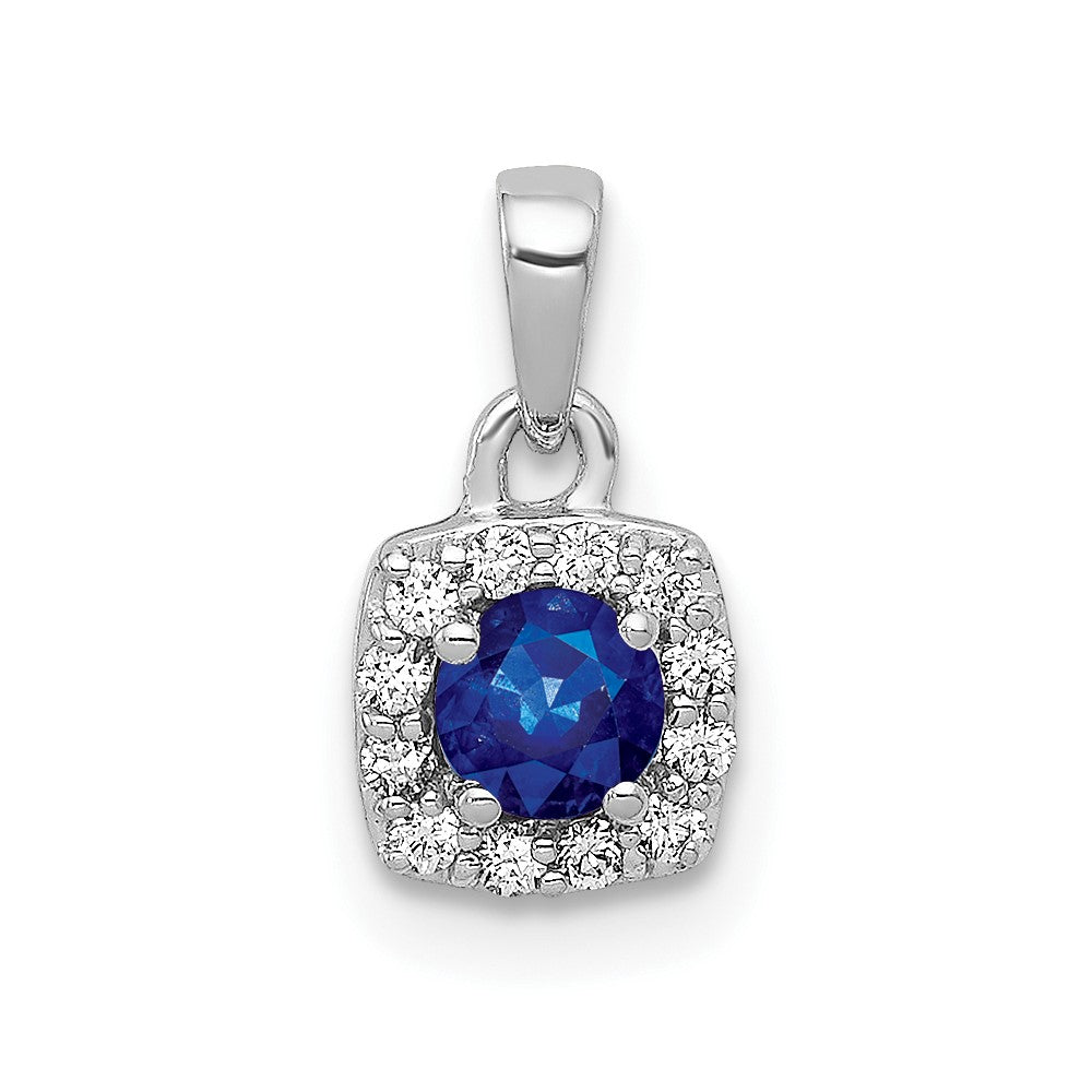 14k White Gold Real Diamond and .20 Sapphire Square Halo Pendant