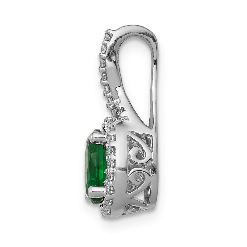 14k White Gold Real Diamond and Oval Emerald Halo Pendant