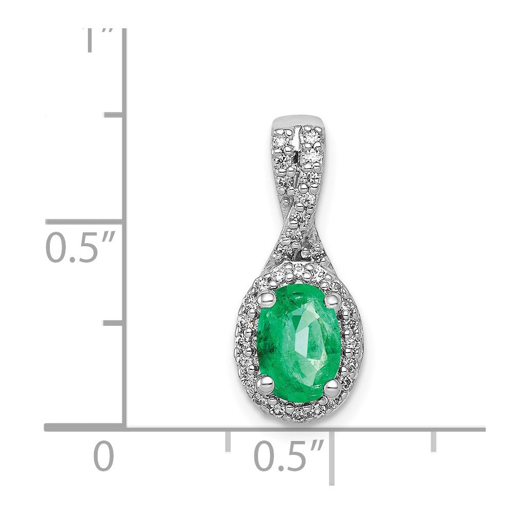 14k White Gold Real Diamond and Oval Emerald Halo Pendant