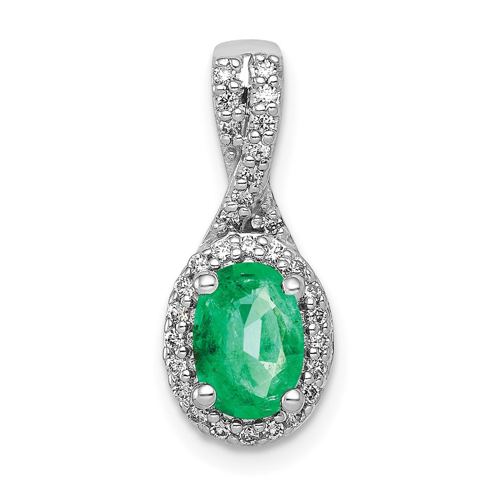 14k White Gold Real Diamond and Oval Emerald Halo Pendant