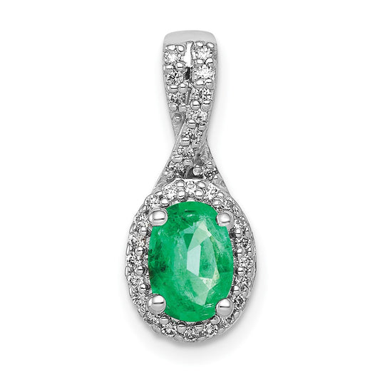 14k White Gold Real Diamond and Oval Emerald Halo Pendant
