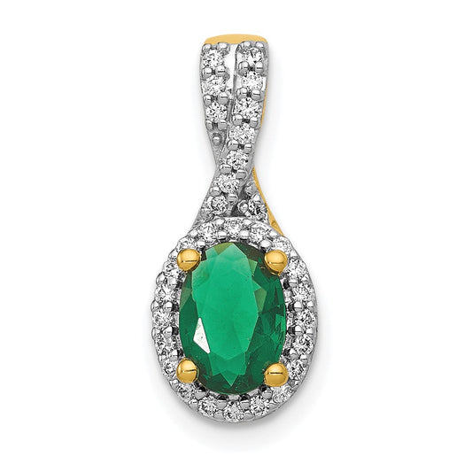 14K Yellow Gold Real Diamond and Oval Emerald Halo Pendant