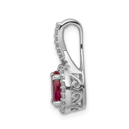 14k White Gold Real Diamond and Oval Ruby Halo Pendant