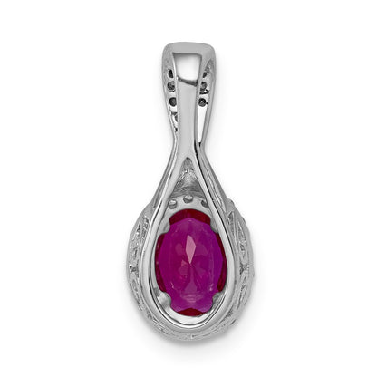 14k White Gold Real Diamond and Oval Ruby Halo Pendant