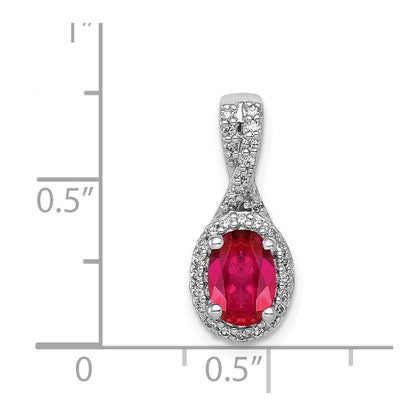 14k White Gold Real Diamond and Oval Ruby Halo Pendant
