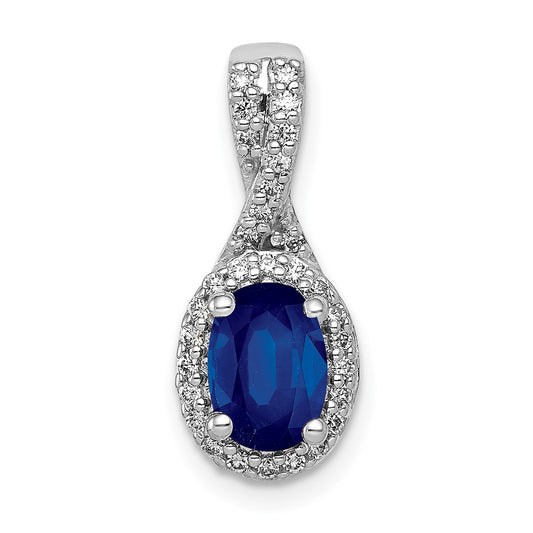 14k White Gold Real Diamond and Oval Sapphire Halo Pendant