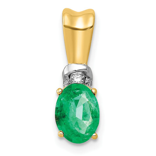 10k Yellow Gold w/Rhodium Real Diamond and Oval Emerald Pendant