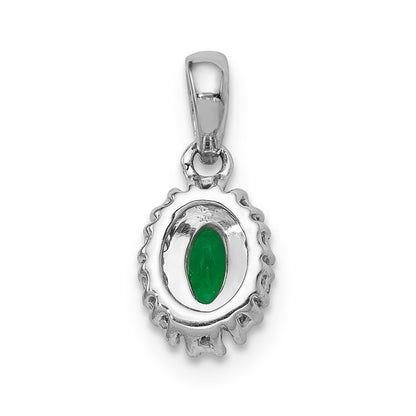 14k White Gold Real Diamond and Oval Emerald Halo Pendant