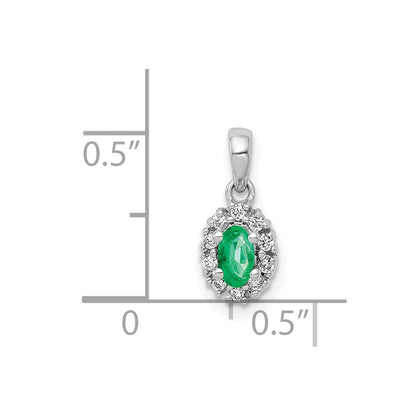 14k White Gold Real Diamond and Oval Emerald Halo Pendant