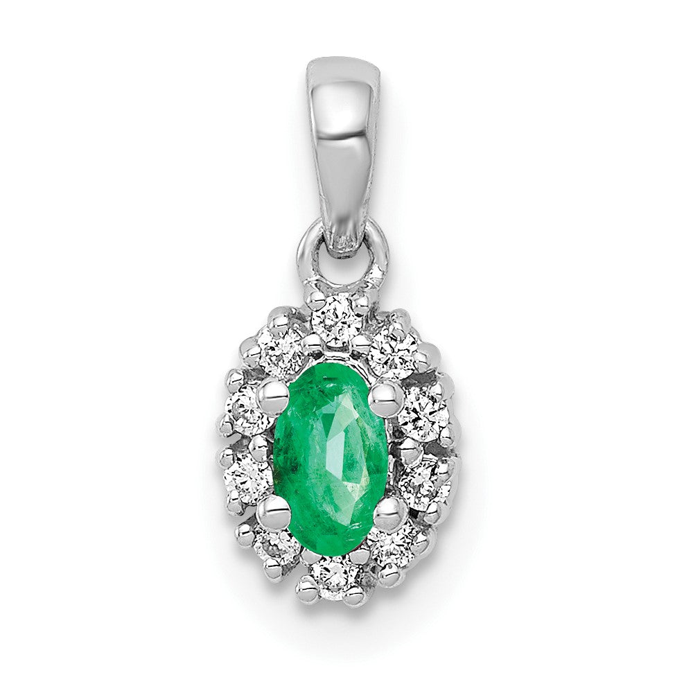 14k White Gold Real Diamond and Oval Emerald Halo Pendant