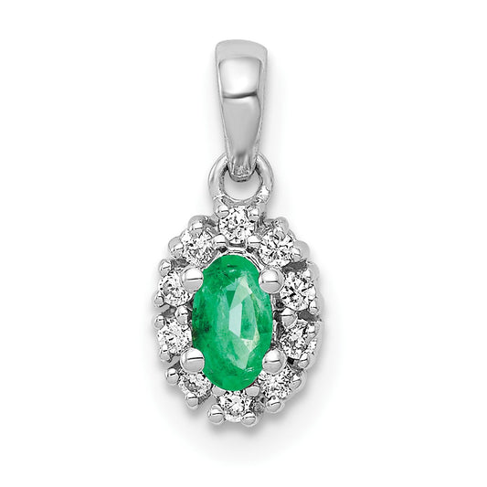 14k White Gold Real Diamond and Oval Emerald Halo Pendant