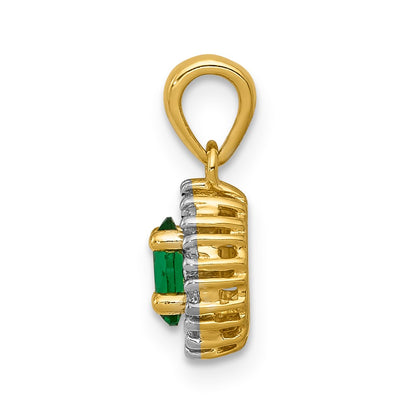 14k Yellow Gold and Rhodium Real Diamond and Oval Emerald Pendant
