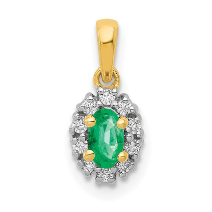 14k Yellow Gold and Rhodium Real Diamond and Oval Emerald Pendant
