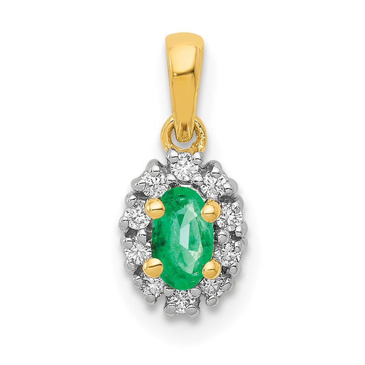 14k Yellow Gold and Rhodium Real Diamond and Oval Emerald Pendant