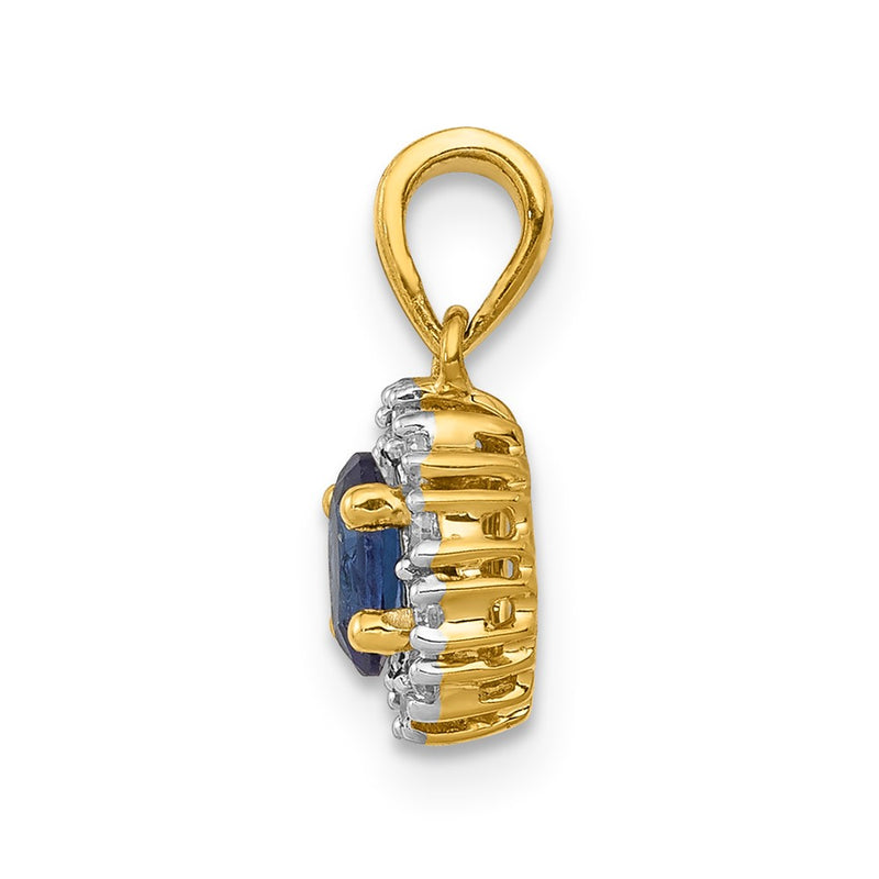 14k Yellow Gold and Rhodium Real Diamond and .32 Sapphire Oval Halo Pendant