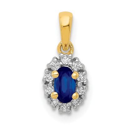 14k Yellow Gold and Rhodium Real Diamond and .32 Sapphire Oval Halo Pendant