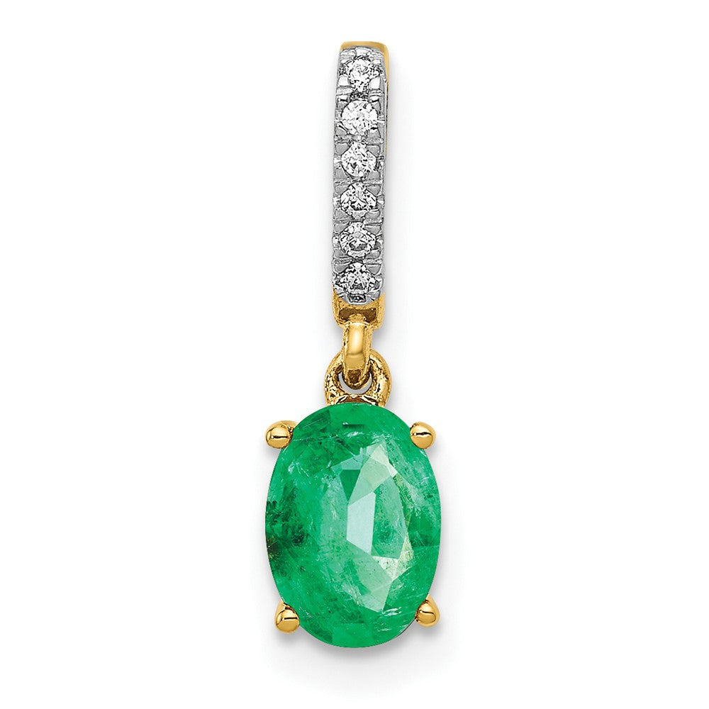 14K Yellow Gold Real Diamond and Oval Emerald Pendant