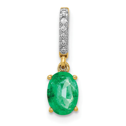 14K Yellow Gold Real Diamond and Oval Emerald Pendant