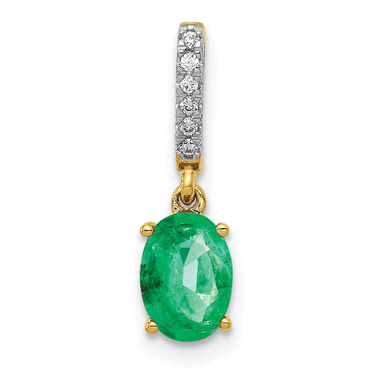 14K Yellow Gold Real Diamond and Oval Emerald Pendant