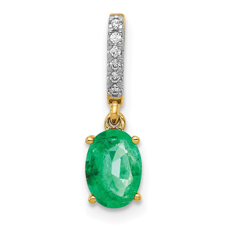 14K Yellow Gold Real Diamond and Oval Emerald Pendant