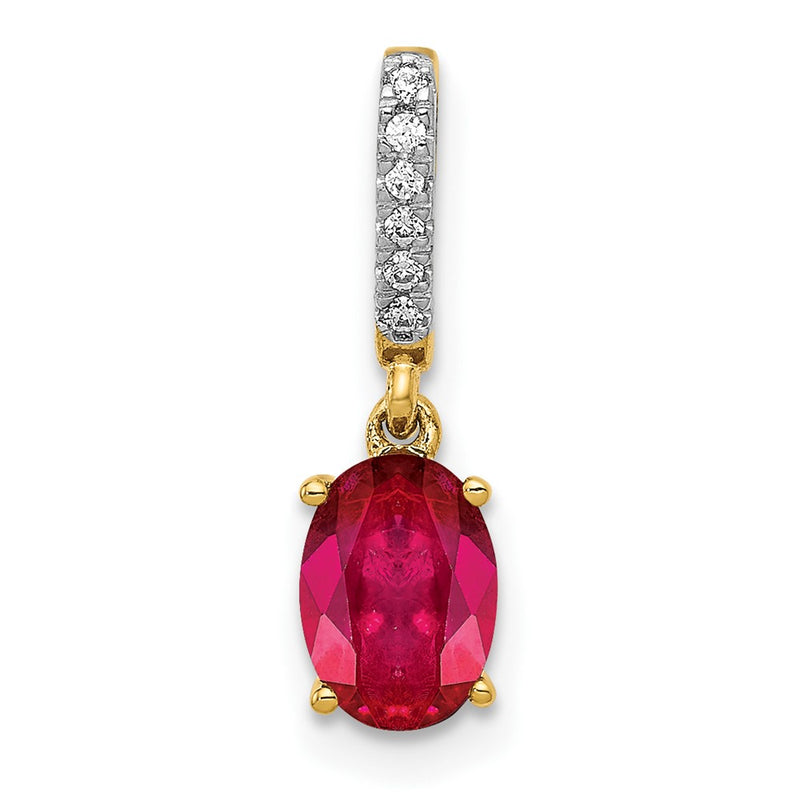 14K Yellow Gold Real Diamond and .91 Oval Ruby Pendant