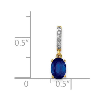 14K Yellow Gold Real Diamond and Oval 1.04 Oval Sapphire Pendant