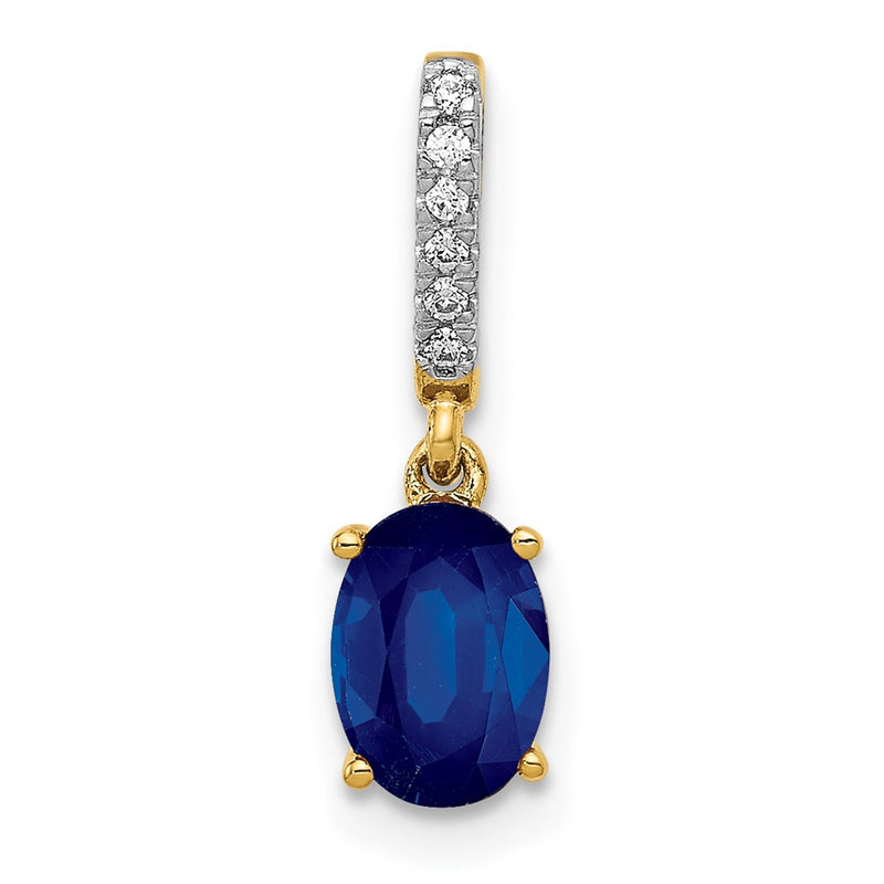 14K Yellow Gold Real Diamond and Oval 1.04 Oval Sapphire Pendant