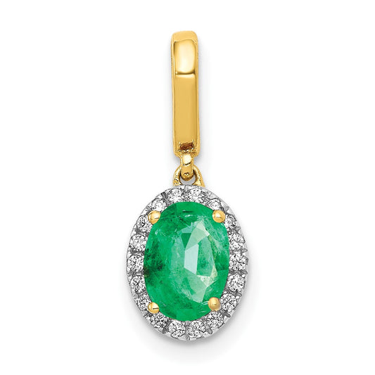 14K Yellow Gold Real Diamond and Oval Emerald Halo Pendant
