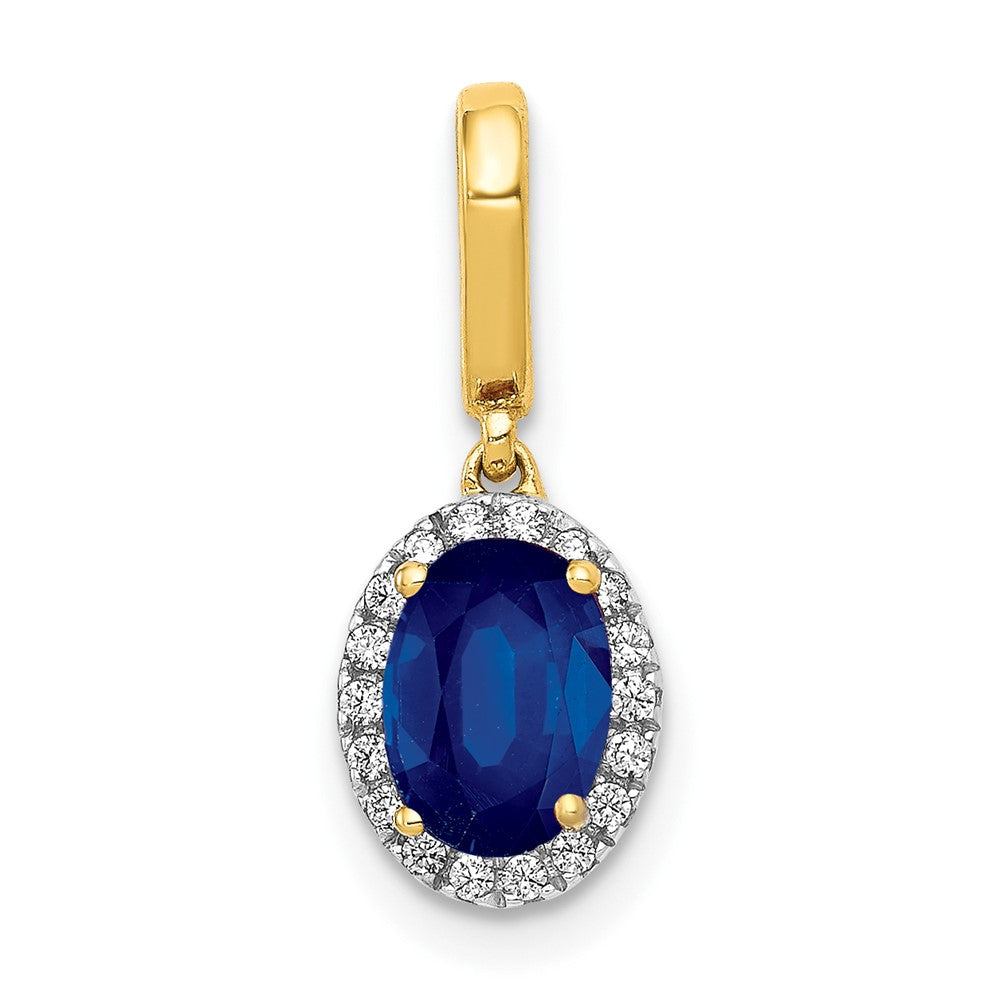 14K Yellow Gold Real Diamond and Oval 1.05 Sapphire Halo Pendant