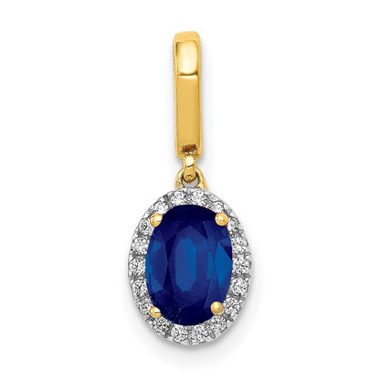 14K Yellow Gold Real Diamond and Oval 1.05 Sapphire Halo Pendant