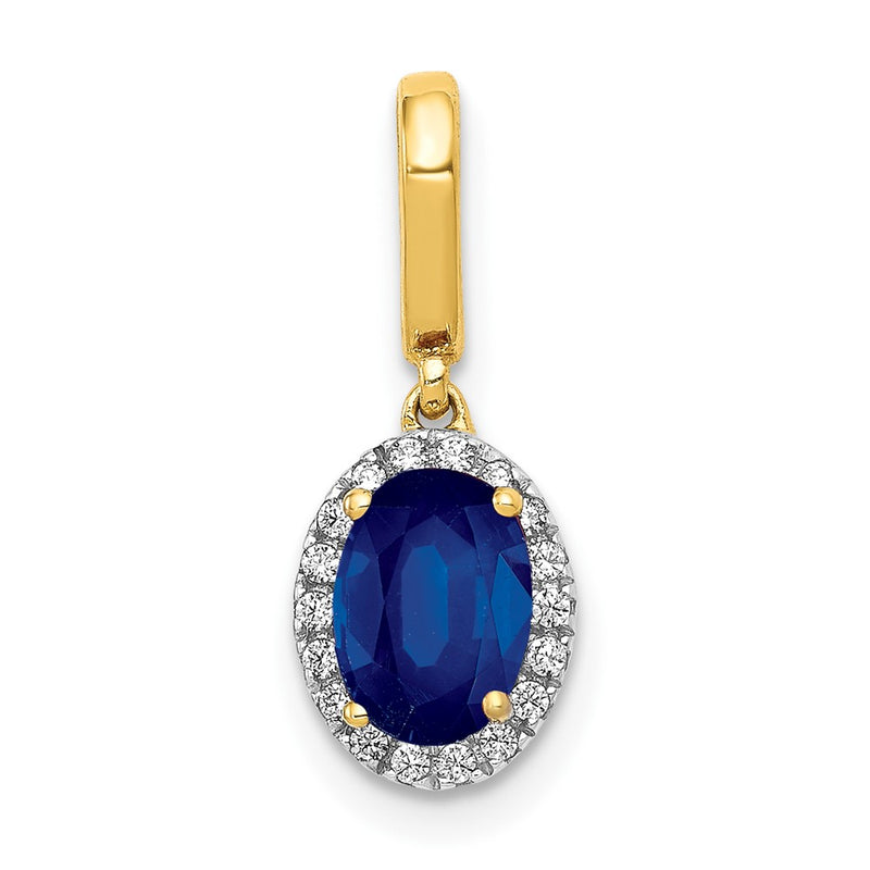 14K Yellow Gold Real Diamond and Oval 1.05 Sapphire Halo Pendant