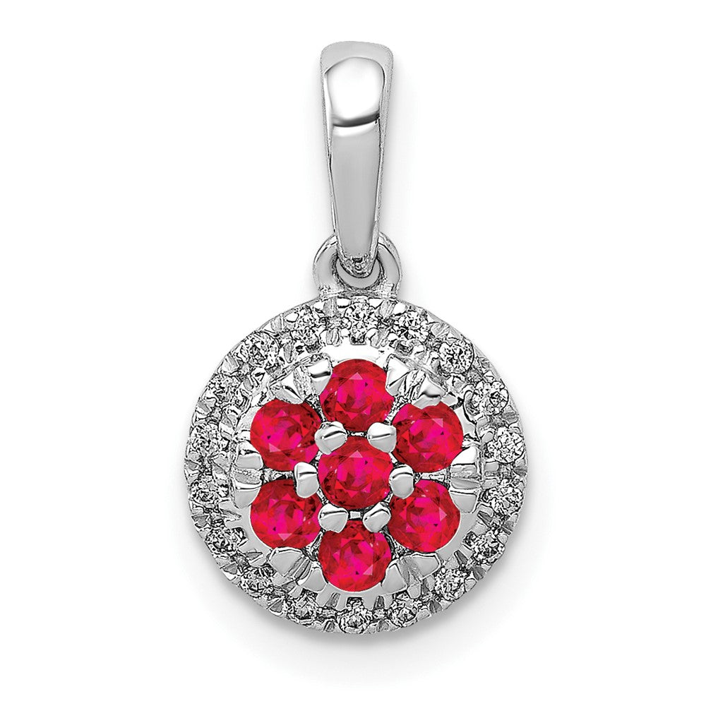 Solid 14k White Gold Simulated CZ and .28 Ruby Circle Pendant