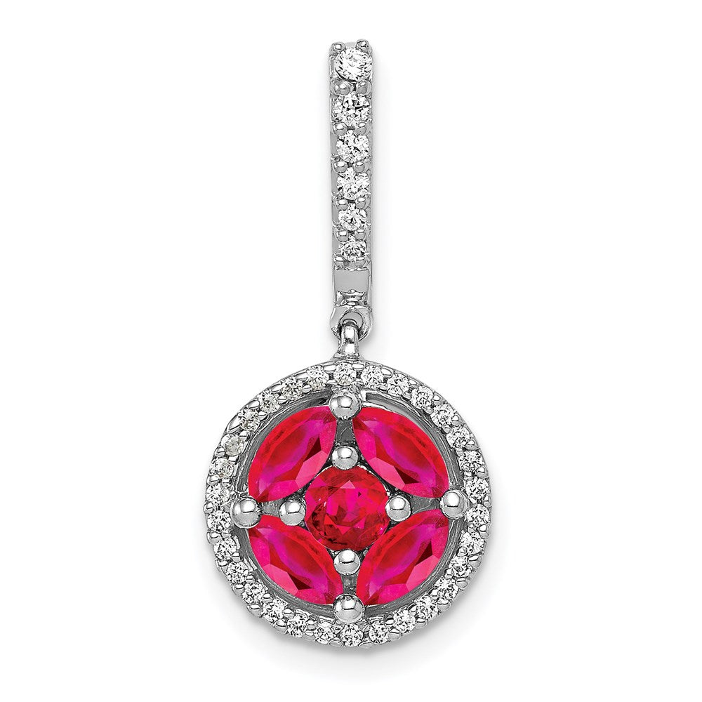 14k White Gold Real Diamond & 1.02 Ruby Circle Halo Pendant