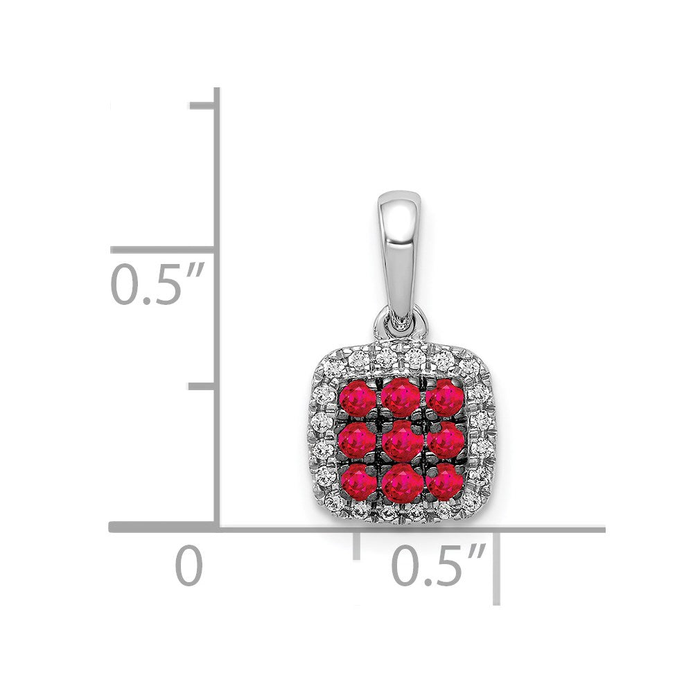 14k White Gold Real Diamond and .23 Ruby Square Halo Pendant
