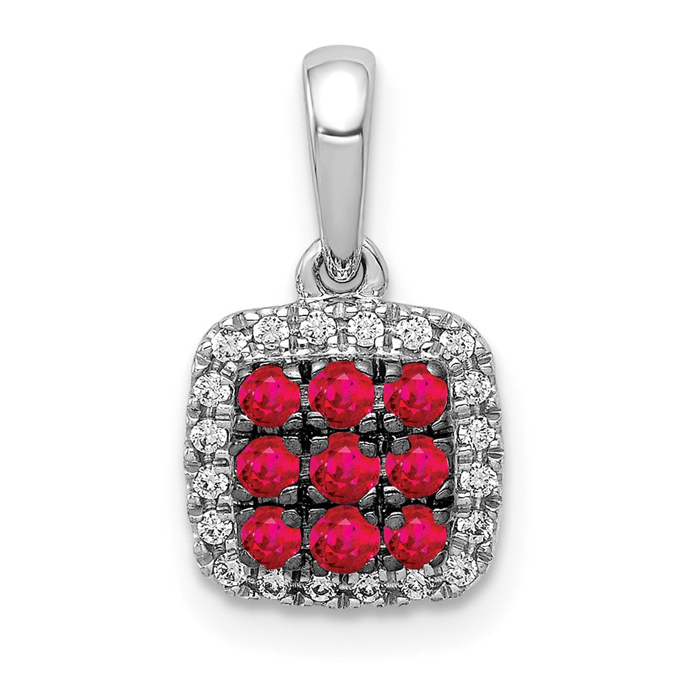 14k White Gold Real Diamond and .23 Ruby Square Halo Pendant