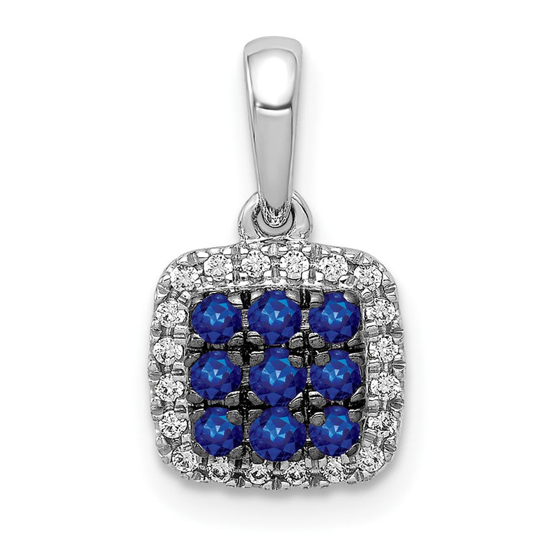 14k White Gold Real Diamond and Sapphire Square Halo Pendant
