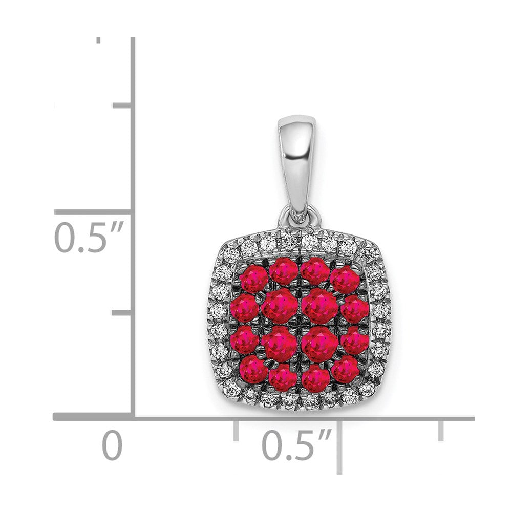 Solid 14k White Gold Simulated CZ and Ruby Square Halo Pendant