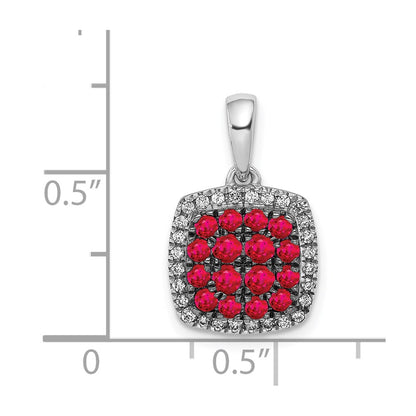 Solid 14k White Gold Simulated CZ and Ruby Square Halo Pendant