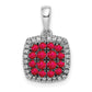 Solid 14k White Gold Simulated CZ and Ruby Square Halo Pendant