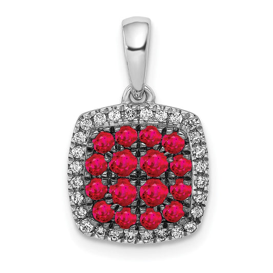 Solid 14k White Gold Simulated CZ and Ruby Square Halo Pendant