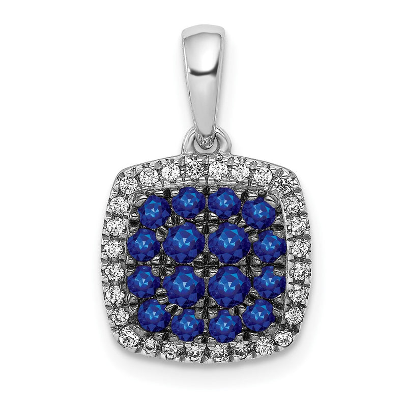 14k White Gold Real Diamond and Sapphire Square Halo Pendant