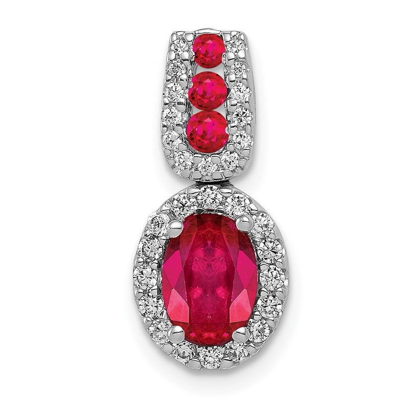 14k White Gold Real Diamond and 1.16 Ruby Oval Halo Pendant
