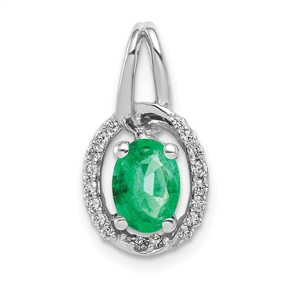 14k White Gold Real Diamond and Oval Emerald Pendant