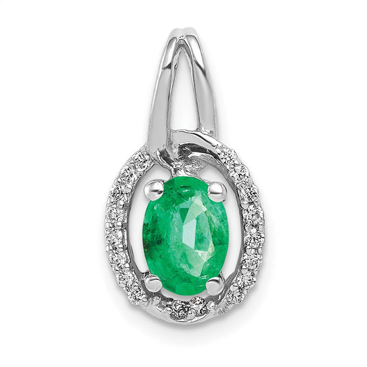 14k White Gold Real Diamond and Oval Emerald Pendant